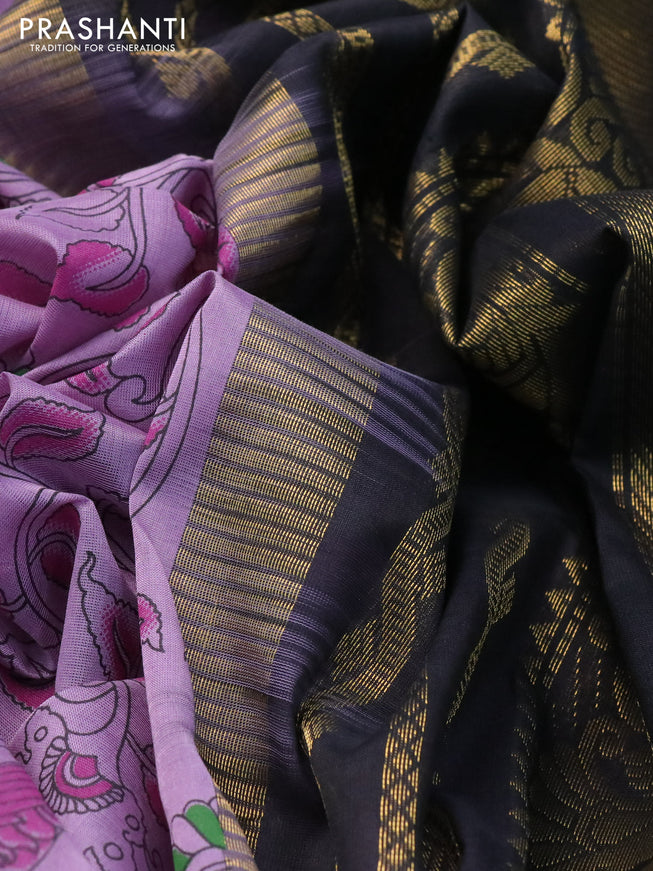 Silk cotton saree pastel lavender and black with allover kalamkari prints and zari woven korvai border