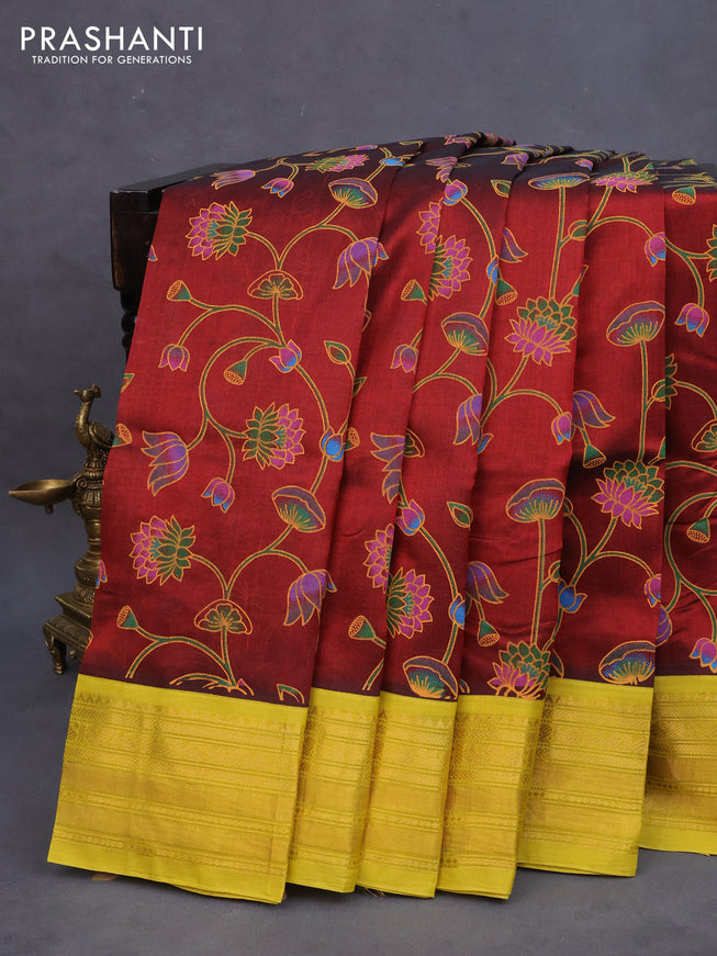 Silk cotton saree maroon and lime yellow with allover kalamkari prints and zari woven korvai border