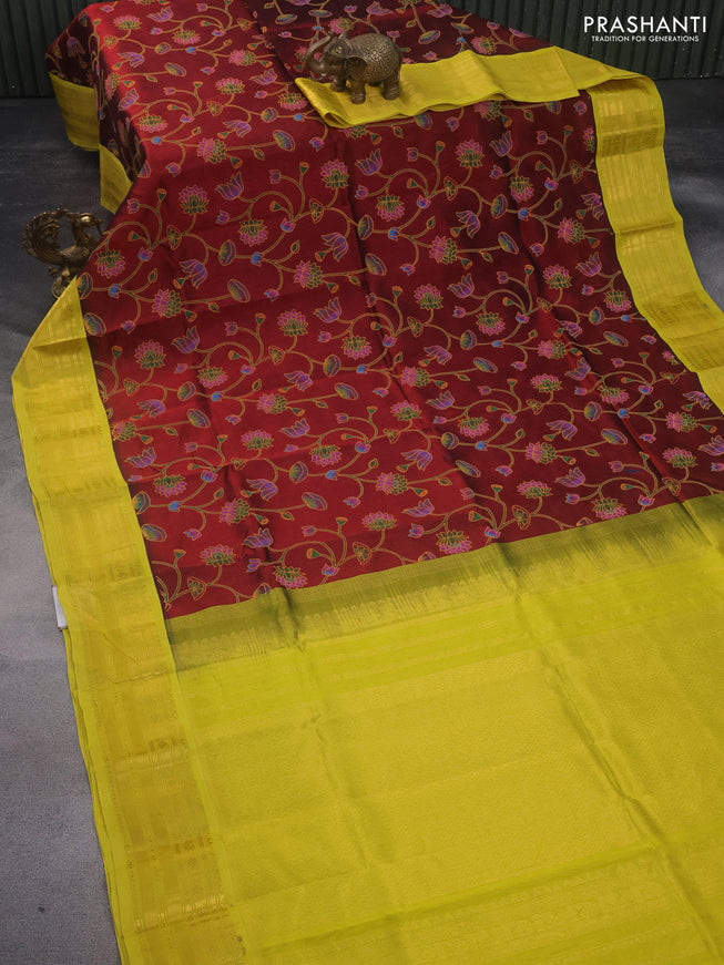 Silk cotton saree maroon and lime yellow with allover kalamkari prints and zari woven korvai border