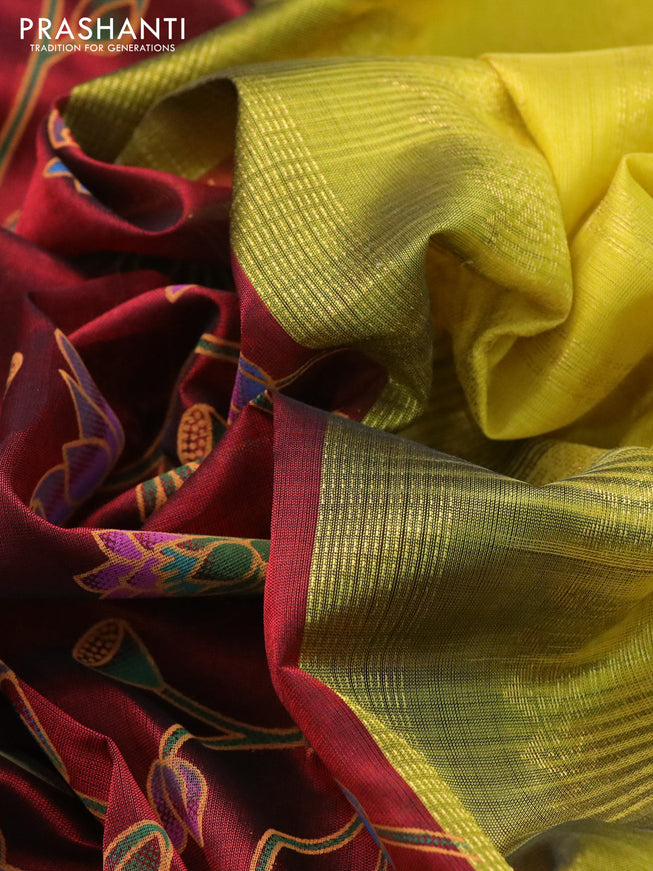 Silk cotton saree maroon and lime yellow with allover kalamkari prints and zari woven korvai border