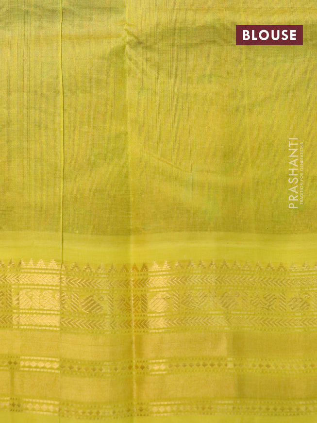 Silk cotton saree maroon and lime yellow with allover kalamkari prints and zari woven korvai border