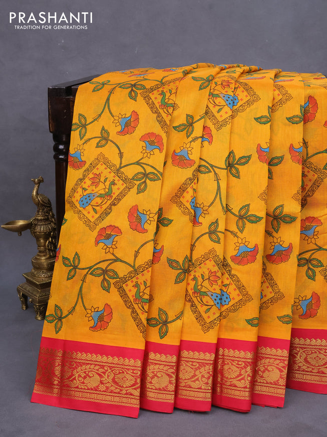 Silk cotton saree mango yellow and red with allover kalamkari prints and zari woven korvai border