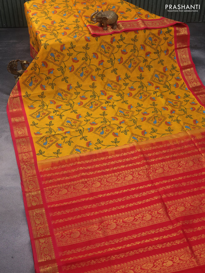 Silk cotton saree mango yellow and red with allover kalamkari prints and zari woven korvai border