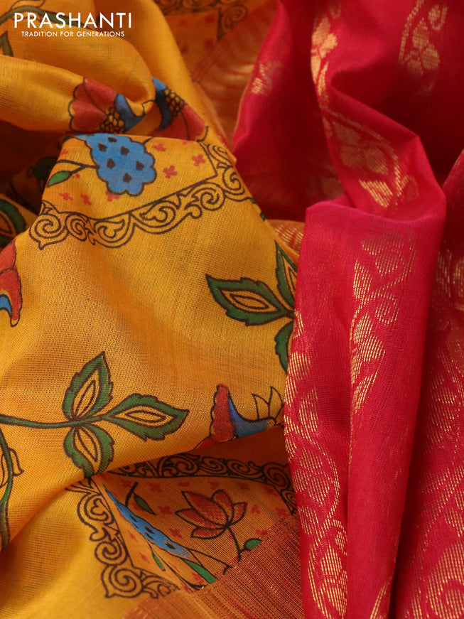 Silk cotton saree mango yellow and red with allover kalamkari prints and zari woven korvai border