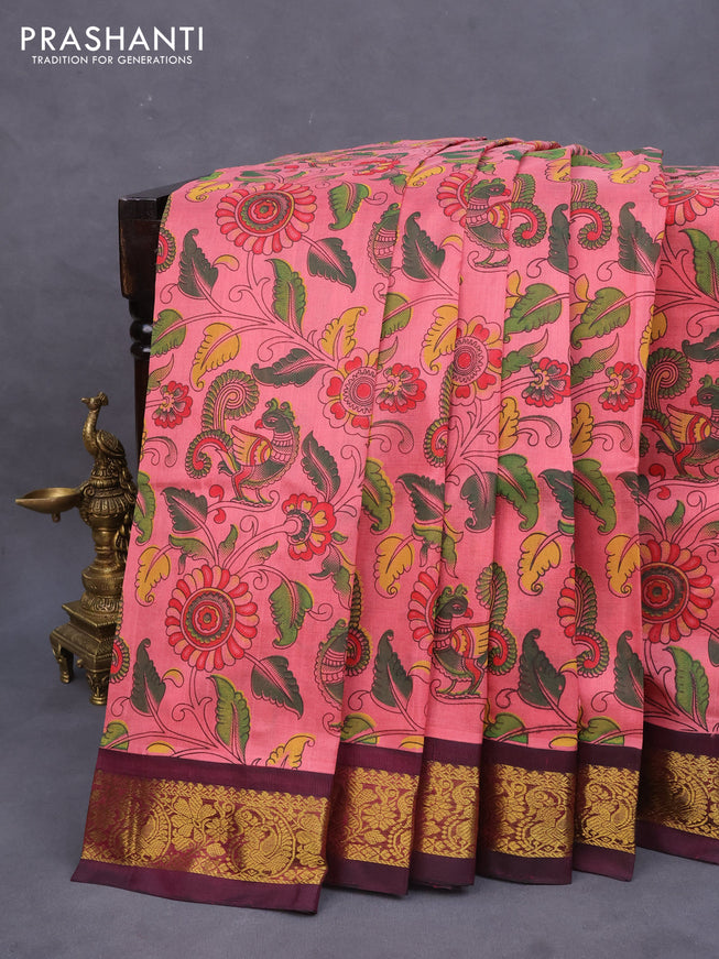 Silk cotton saree peach pink and dark magenta pink with allover kalamkari prints and zari woven korvai border