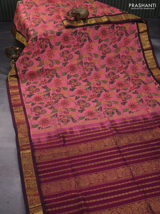 Silk cotton saree peach pink and dark magenta pink with allover kalamkari prints and zari woven korvai border