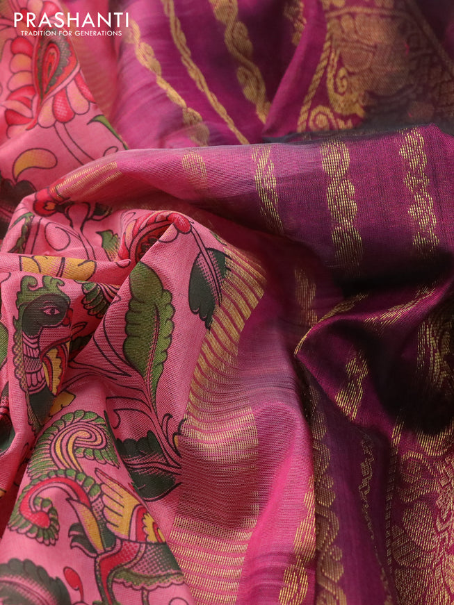 Silk cotton saree peach pink and dark magenta pink with allover kalamkari prints and zari woven korvai border