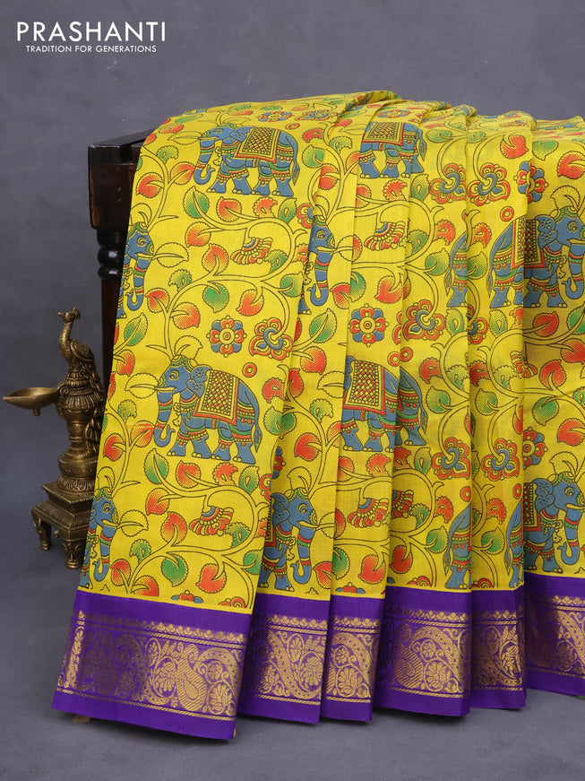 Silk cotton saree lime yellow and blue with allover kalamkari prints and zari woven border