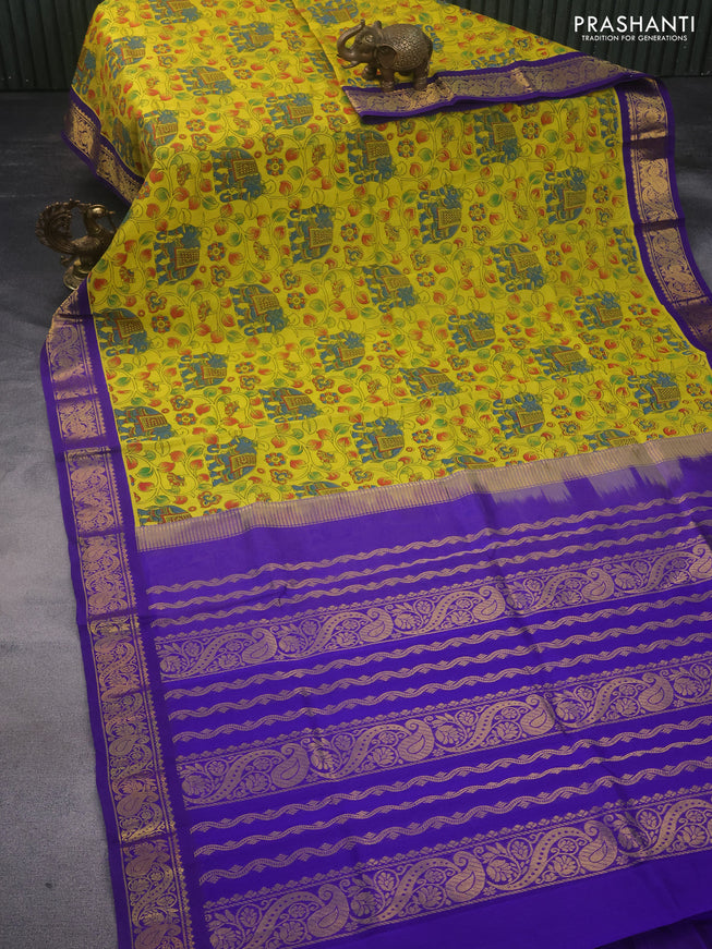 Silk cotton saree lime yellow and blue with allover kalamkari prints and zari woven border