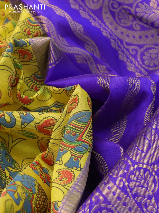 Silk cotton saree lime yellow and blue with allover kalamkari prints and zari woven border