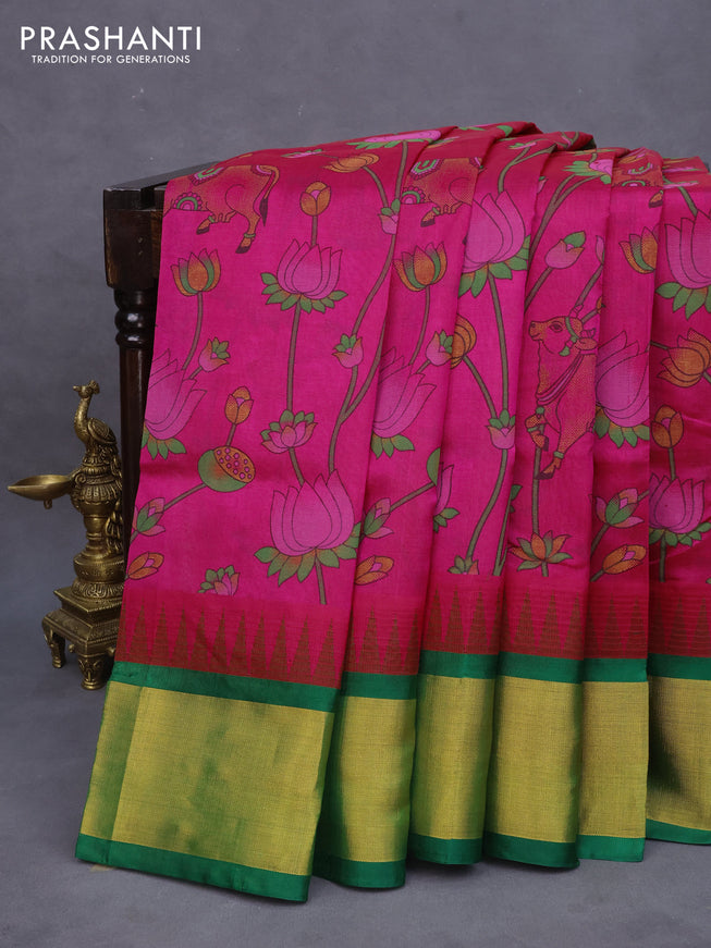 Silk cotton saree pink and green with allover kalamkari prints and temple deisgn zari woven border