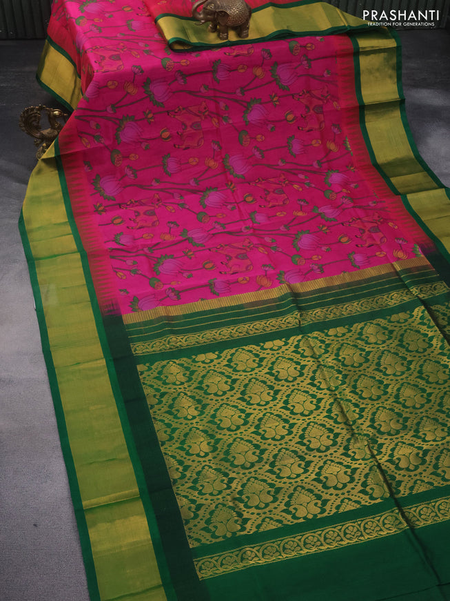 Silk cotton saree pink and green with allover kalamkari prints and temple deisgn zari woven border