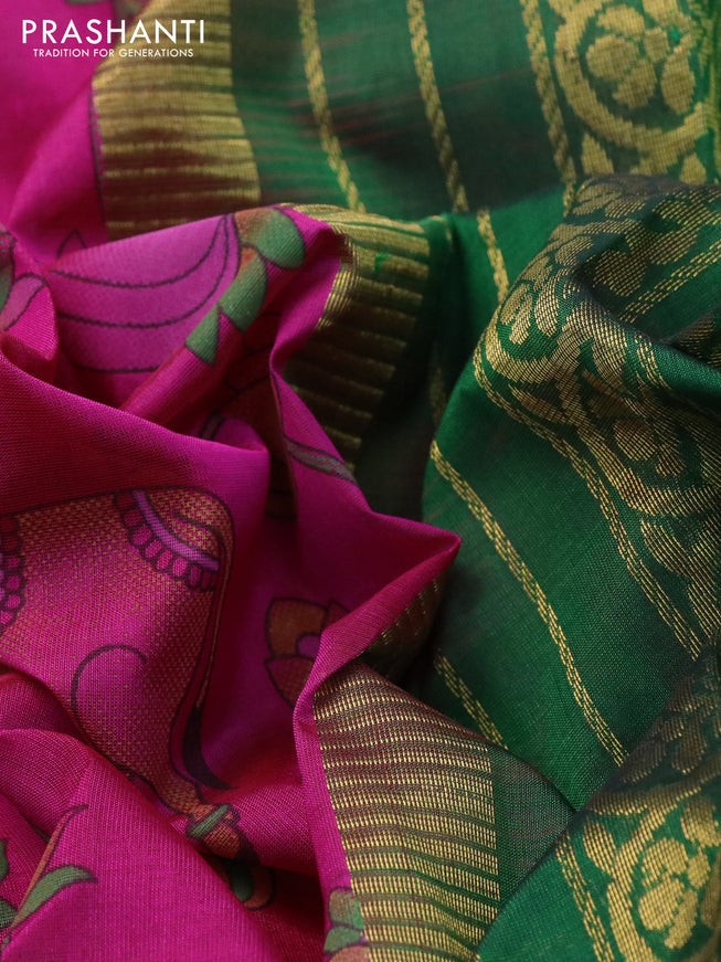 Silk cotton saree pink and green with allover kalamkari prints and temple deisgn zari woven border