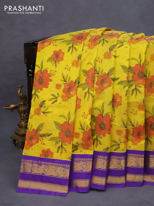 Silk cotton saree yellow and violet with allover kalamkari prints and rettapet zari woven border