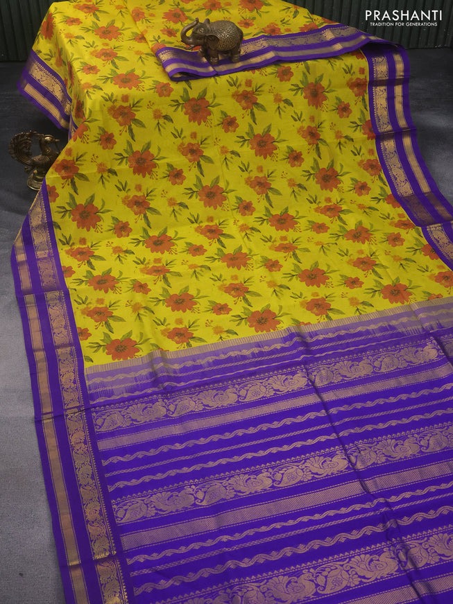 Silk cotton saree yellow and violet with allover kalamkari prints and rettapet zari woven border