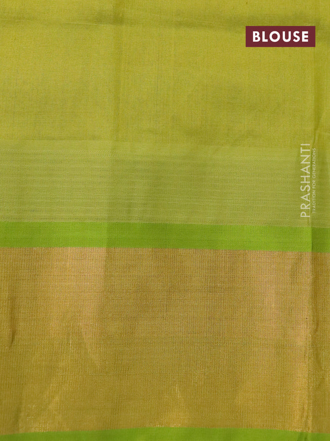 Silk cotton saree peach pink and light green with allover kalamkari prints and temple deisgn zari woven border