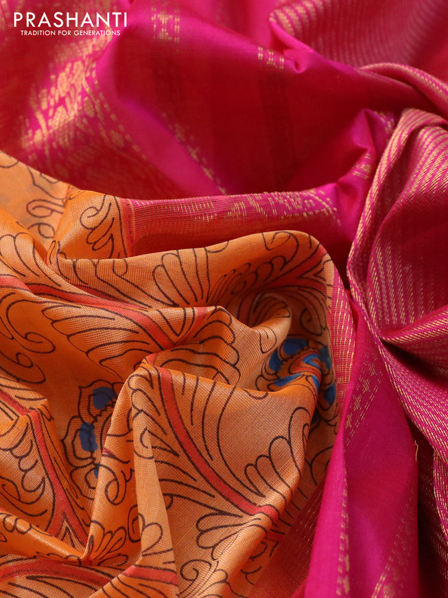 Silk cotton saree orange and pink with allover kalamkari prints and zari woven border