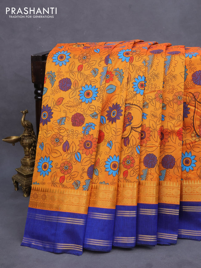 Silk cotton saree mango yellow and blue with allover kalamkari prints and rettapet zari woven border