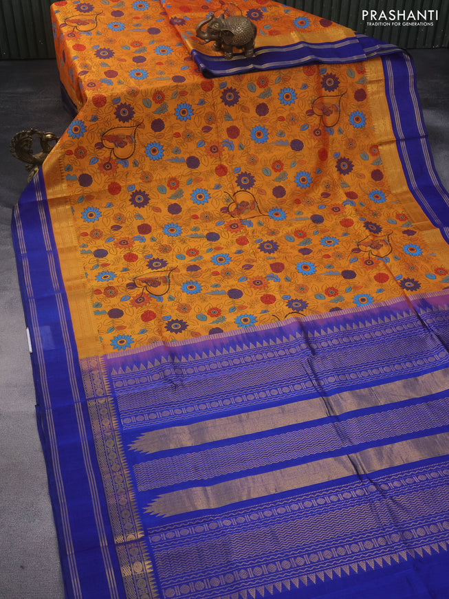 Silk cotton saree mango yellow and blue with allover kalamkari prints and rettapet zari woven border