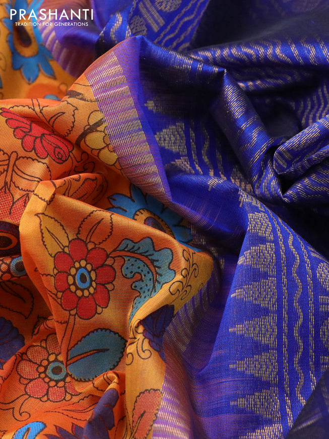 Silk cotton saree mango yellow and blue with allover kalamkari prints and rettapet zari woven border