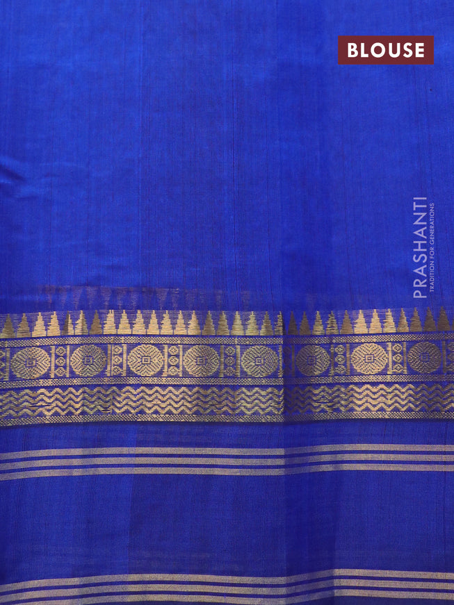 Silk cotton saree mango yellow and blue with allover kalamkari prints and rettapet zari woven border