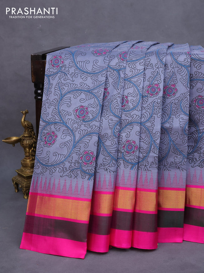 Silk cotton saree grey and pink with allover kalamkari prints and temple deisgn zari woven simple border