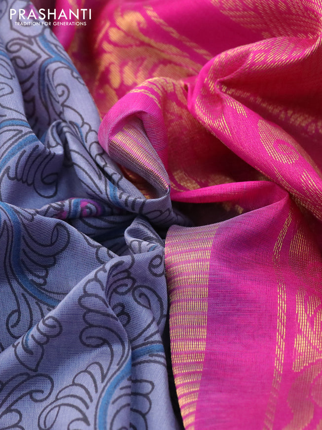 Silk cotton saree grey and pink with allover kalamkari prints and temple deisgn zari woven simple border