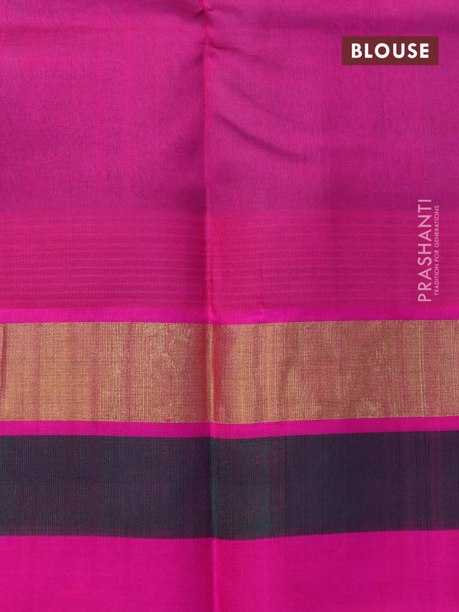 Silk cotton saree grey and pink with allover kalamkari prints and temple deisgn zari woven simple border