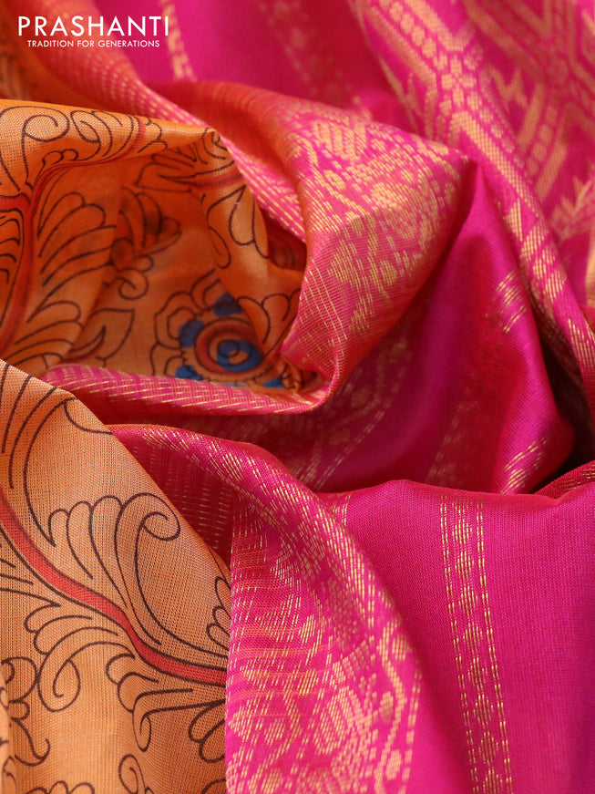 Silk cotton saree orange and pink with allover kalamkari prints and zari woven border