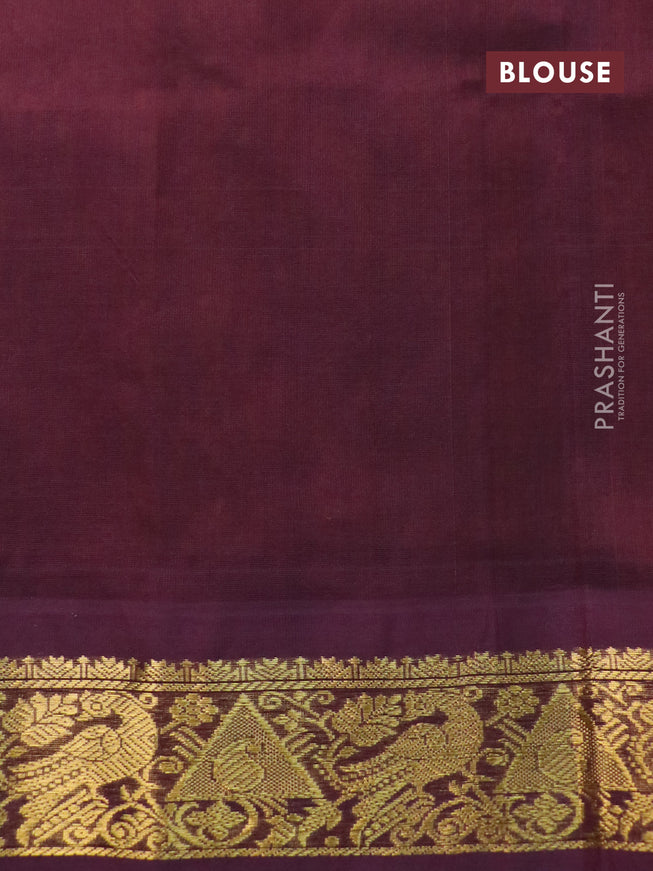 Silk cotton saree mustard yellow and wine shade with allover kalamkari prints and zari woven korvai border