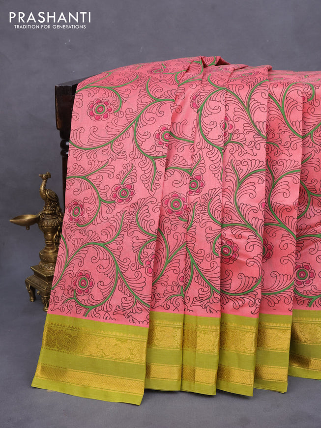 Silk cotton saree peach pink and lime green with allover kalamkari prints and rettapet zari woven border