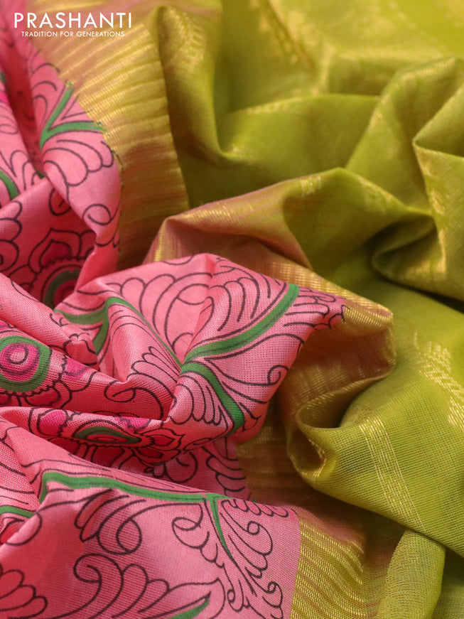 Silk cotton saree peach pink and lime green with allover kalamkari prints and rettapet zari woven border