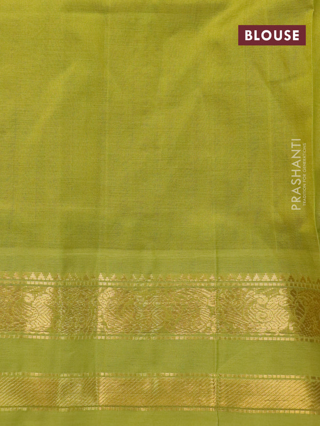 Silk cotton saree peach pink and lime green with allover kalamkari prints and rettapet zari woven border