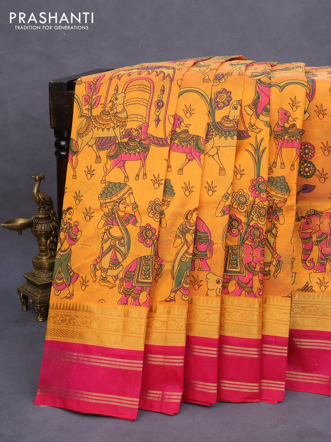 Silk cotton saree mango yellow and pink with allover kalamkari prints and rettapet zari woven border