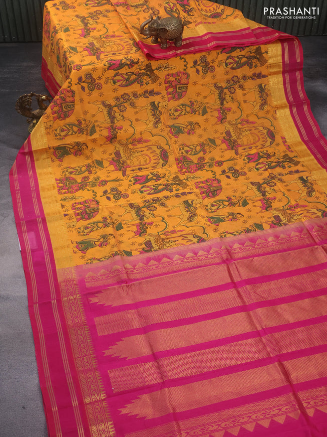 Silk cotton saree mango yellow and pink with allover kalamkari prints and rettapet zari woven border