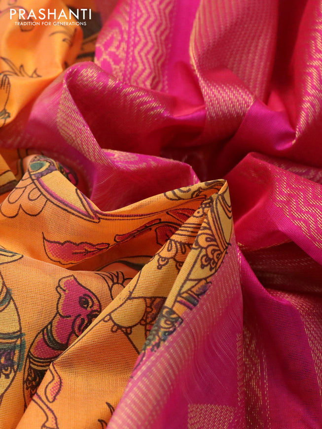 Silk cotton saree mango yellow and pink with allover kalamkari prints and rettapet zari woven border