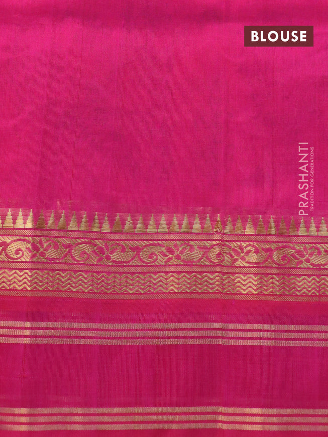 Silk cotton saree mango yellow and pink with allover kalamkari prints and rettapet zari woven border