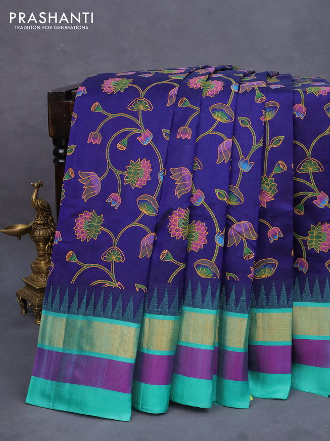 Silk cotton saree blue and teal blue with allover kalamkari prints and temple design zari woven korvai border