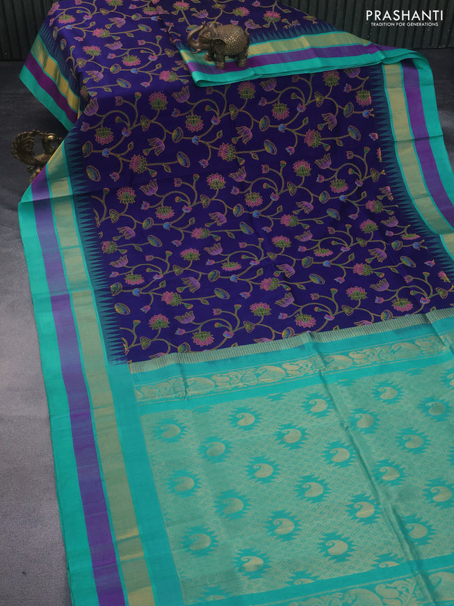 Silk cotton saree blue and teal blue with allover kalamkari prints and temple design zari woven korvai border