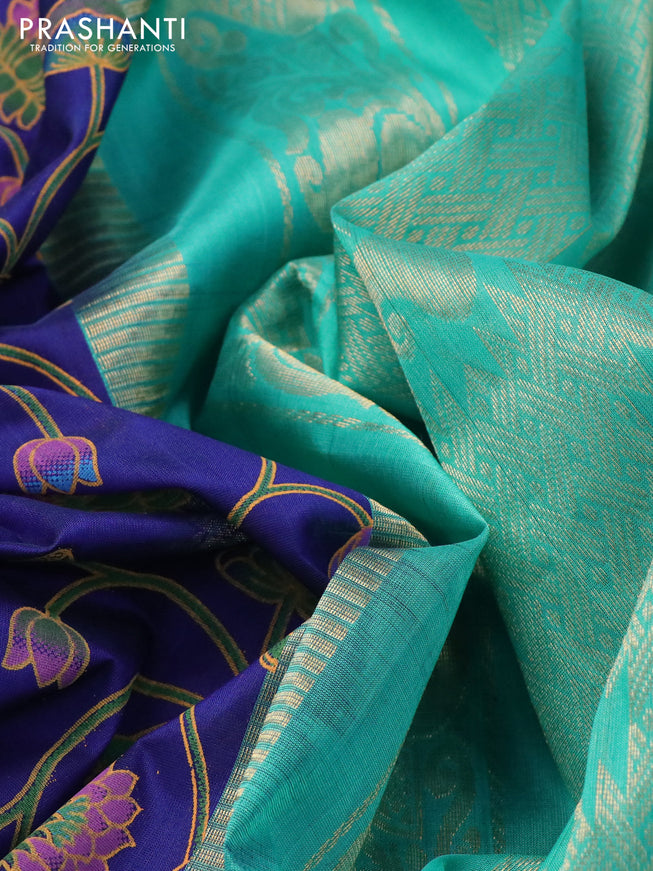 Silk cotton saree blue and teal blue with allover kalamkari prints and temple design zari woven korvai border