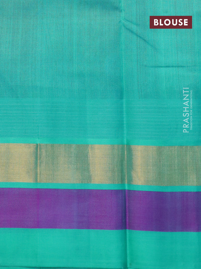 Silk cotton saree blue and teal blue with allover kalamkari prints and temple design zari woven korvai border