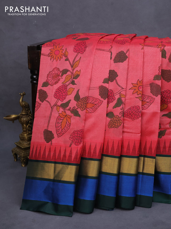 Silk cotton saree pink and dark green with allover kalamkari prints and temple design zari woven simple border