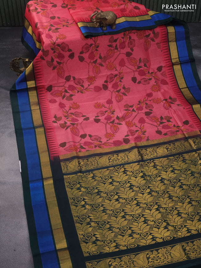 Silk cotton saree pink and dark green with allover kalamkari prints and temple design zari woven simple border