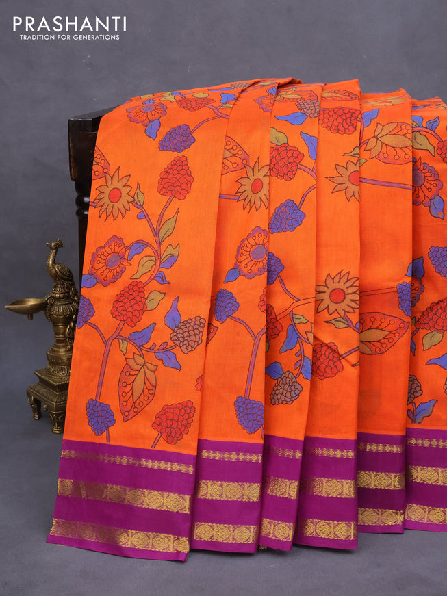 Silk cotton saree orange and purple with allover kalamkari prints and zari woven border