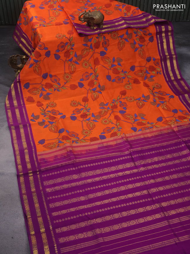 Silk cotton saree orange and purple with allover kalamkari prints and zari woven border