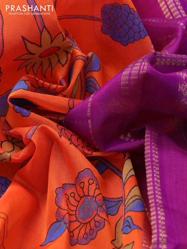 Silk cotton saree orange and purple with allover kalamkari prints and zari woven border