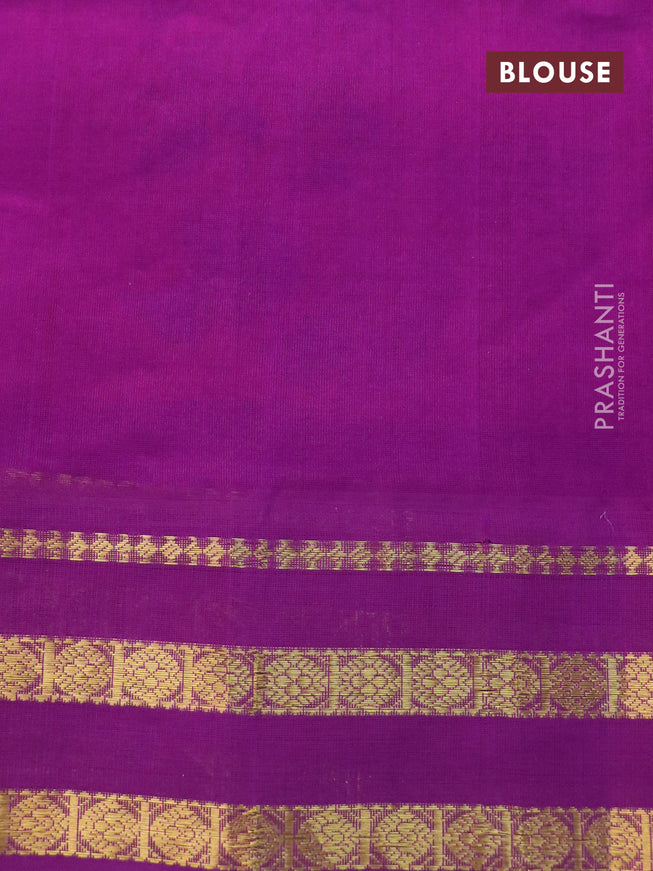 Silk cotton saree orange and purple with allover kalamkari prints and zari woven border