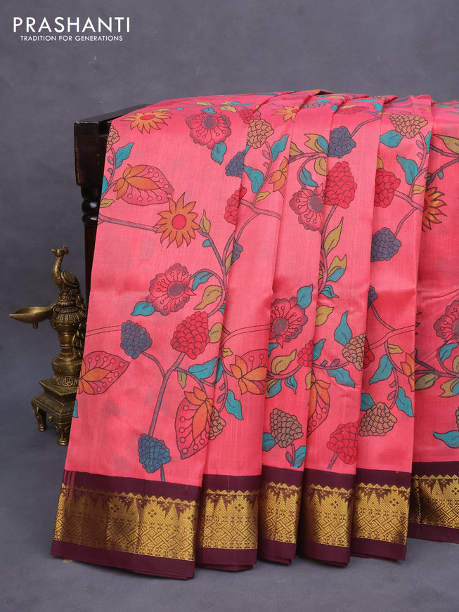 Silk cotton saree peach pink and brown with allover kalamkari prints and zari woven korvai border