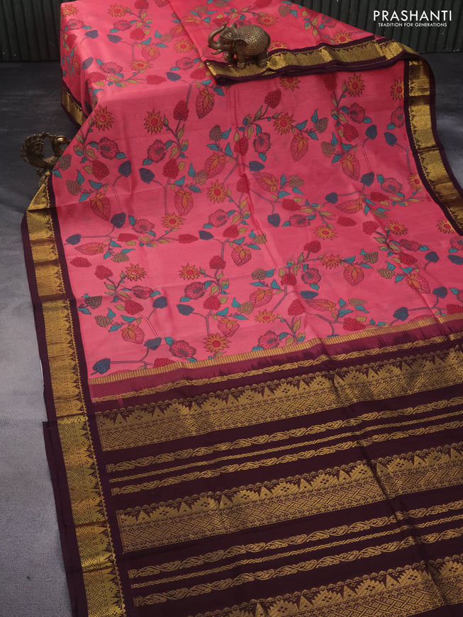 Silk cotton saree peach pink and brown with allover kalamkari prints and zari woven korvai border