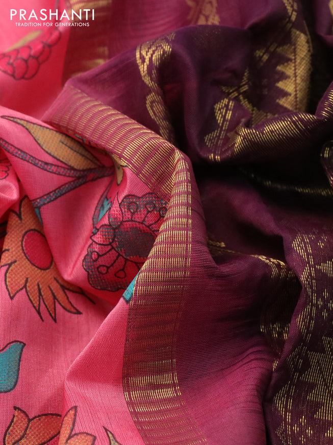 Silk cotton saree peach pink and brown with allover kalamkari prints and zari woven korvai border